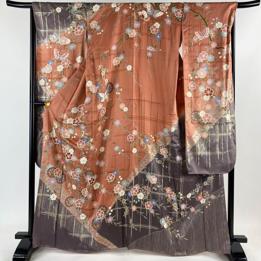 振袖 身丈166cm 裄丈67.5cm L 袷 森英恵 落款あり 枝垂桜 源氏車 金銀  