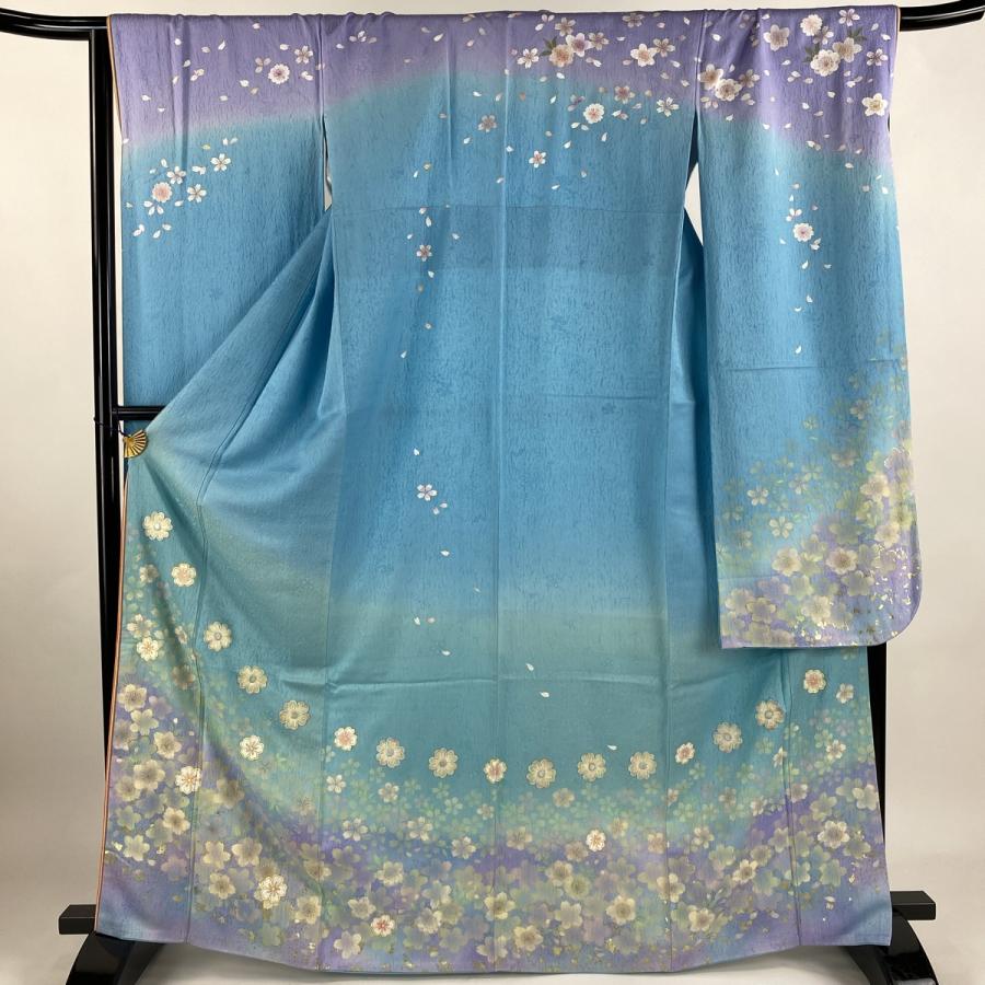 振袖 身丈166cm 裄丈68cm L 袷 やまと 桜 花びら 刺繍 金彩 水色 正絹