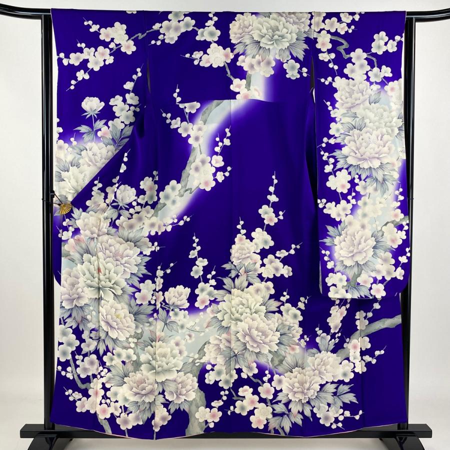 正絹 振袖 紫 古典柄 梅牡丹 金彩 地紋 身丈159 裄63 袖丈105 正統派古典 紫 牡丹柄/大柄 假屋崎省吾デザイン 豪華 華やか【通販可