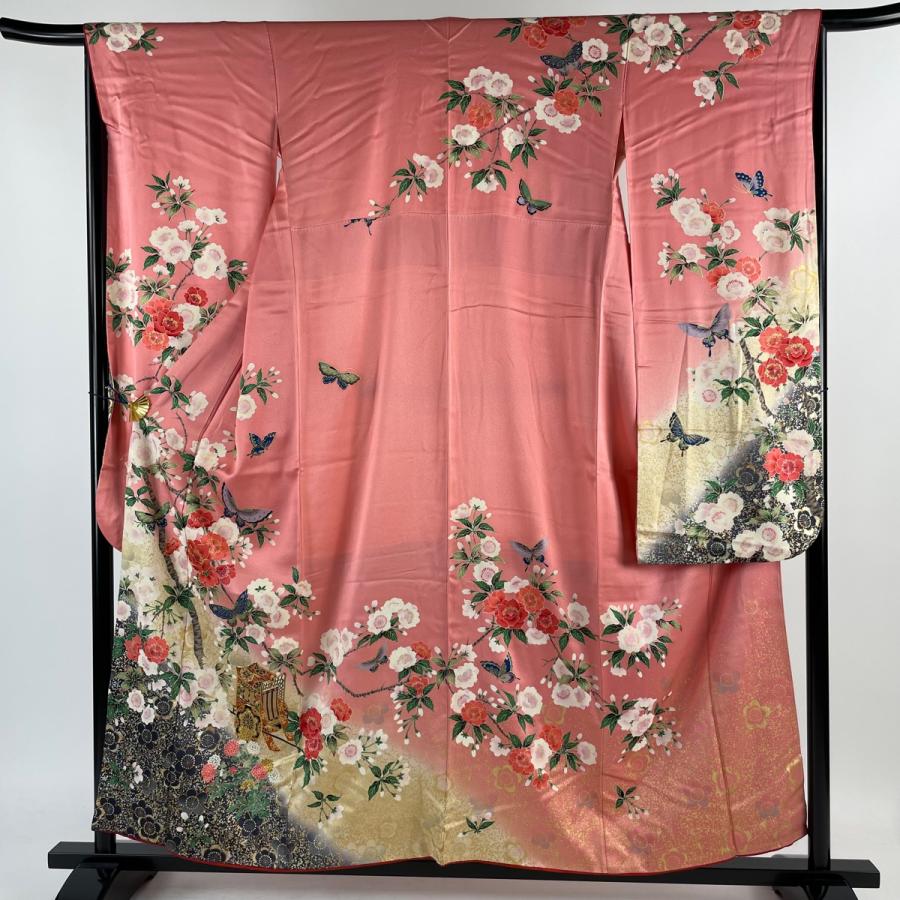 振袖 身丈157cm 裄丈65cm M 袷 御所車 草花 金糸 金銀彩 ピンク 正絹  