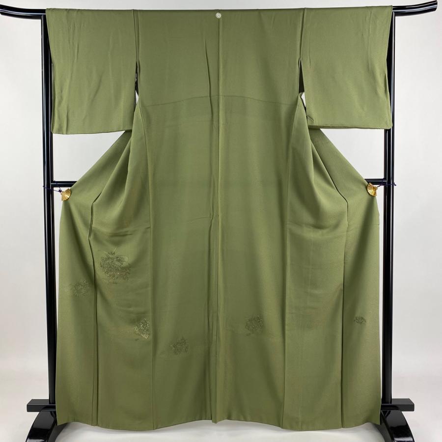 色留袖 身丈164cm 裄丈65cm M 袷 文箱 草花 金糸 刺繍 灰緑 正絹 秀品  