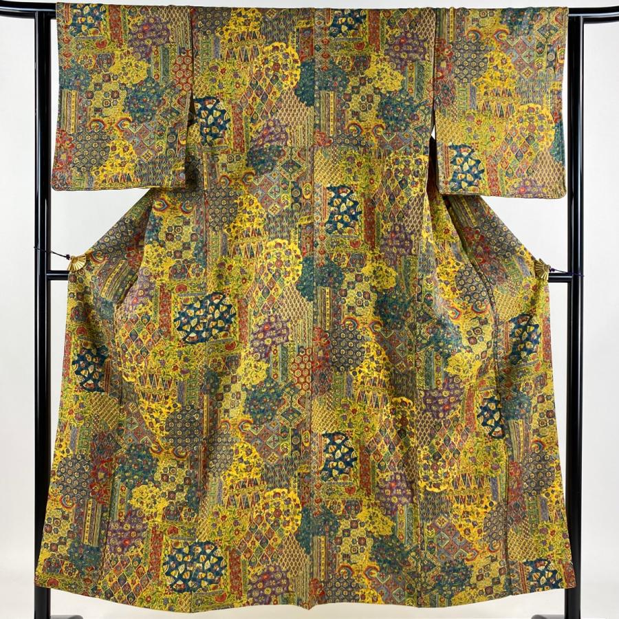 小紋 身丈150.5cm 裄丈62cm S 袷 更紗 草花 黄色 正絹 秀品 中古  