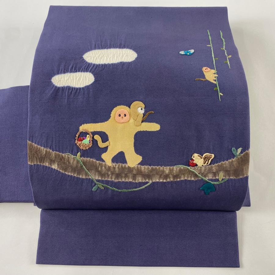 付け帯 名品 作り帯 猿 リス 刺繍 絞り 青紫 正絹 中古 