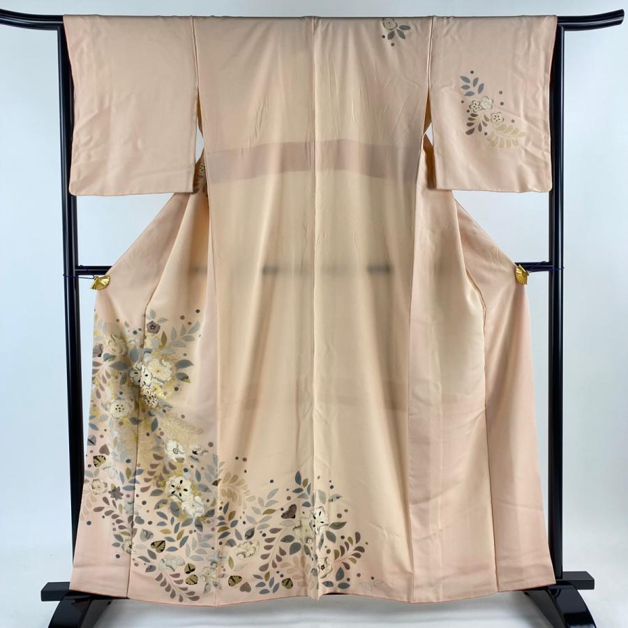 訪問着 身丈158.5cm 裄丈65.5cm M 袷 辻が花柄 金糸 金銀彩 サーモン  