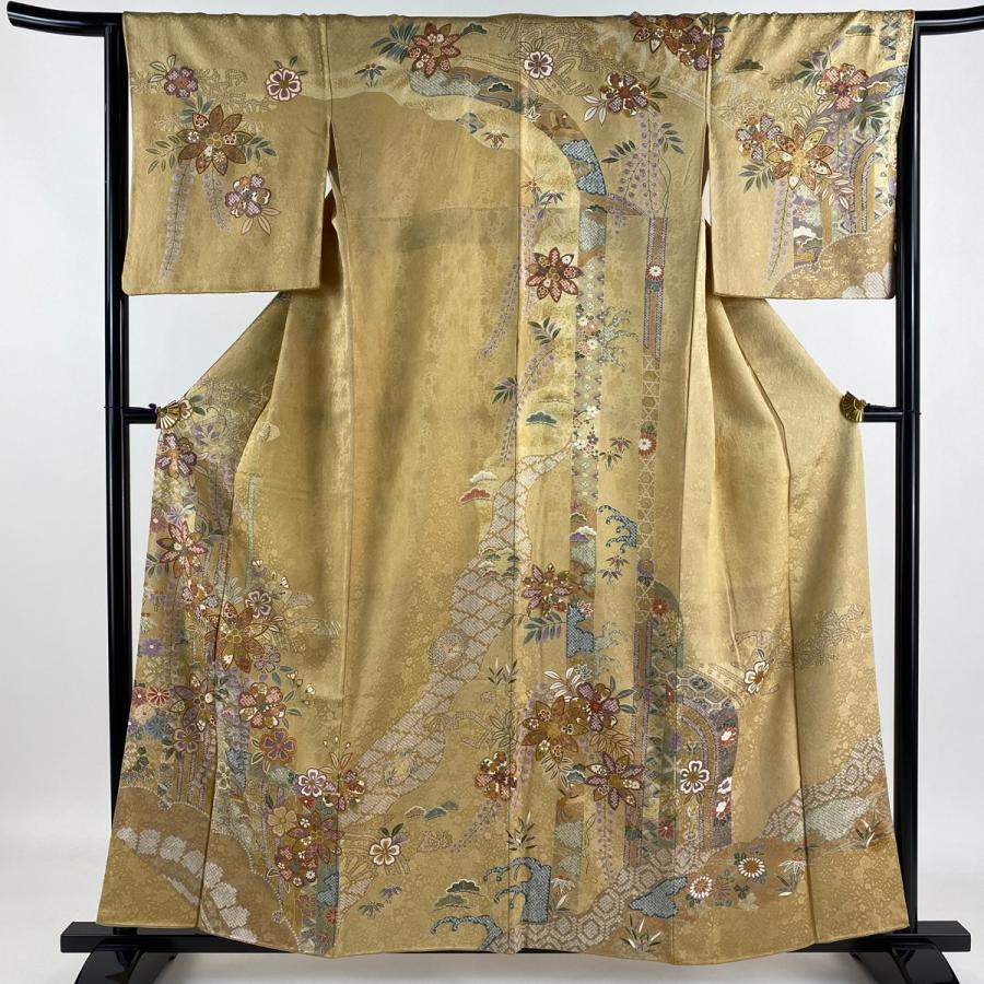 紬 身丈158.5cm 裄丈63cm 売りつくし S 袷 雲文 草花 灰白 正絹 名品 【 