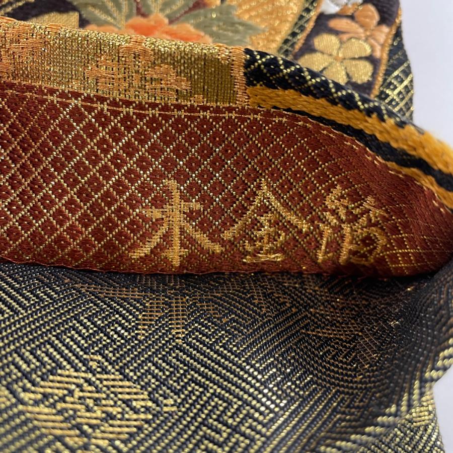 袋帯 美品 秀品 振袖向き 扇 御所車 唐織 箔 朱色 六通 正絹 中古 
