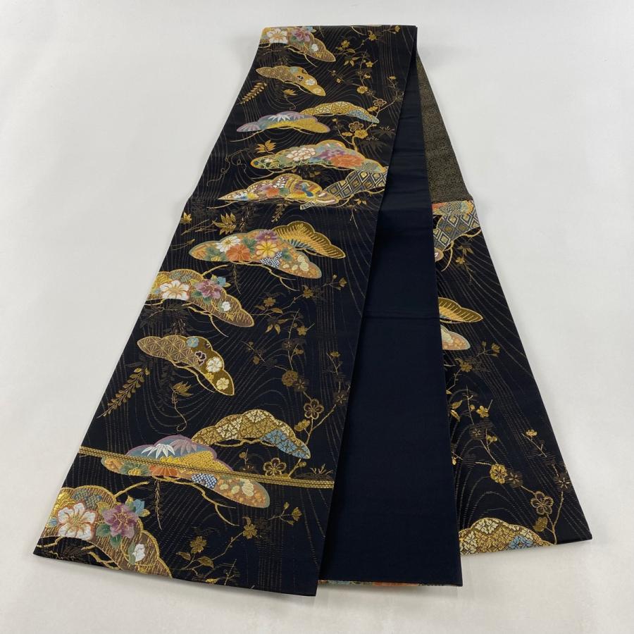 袋帯 美品 秀品 松 花鳥 箔 金糸 黒 六通 正絹 中古 : リユース