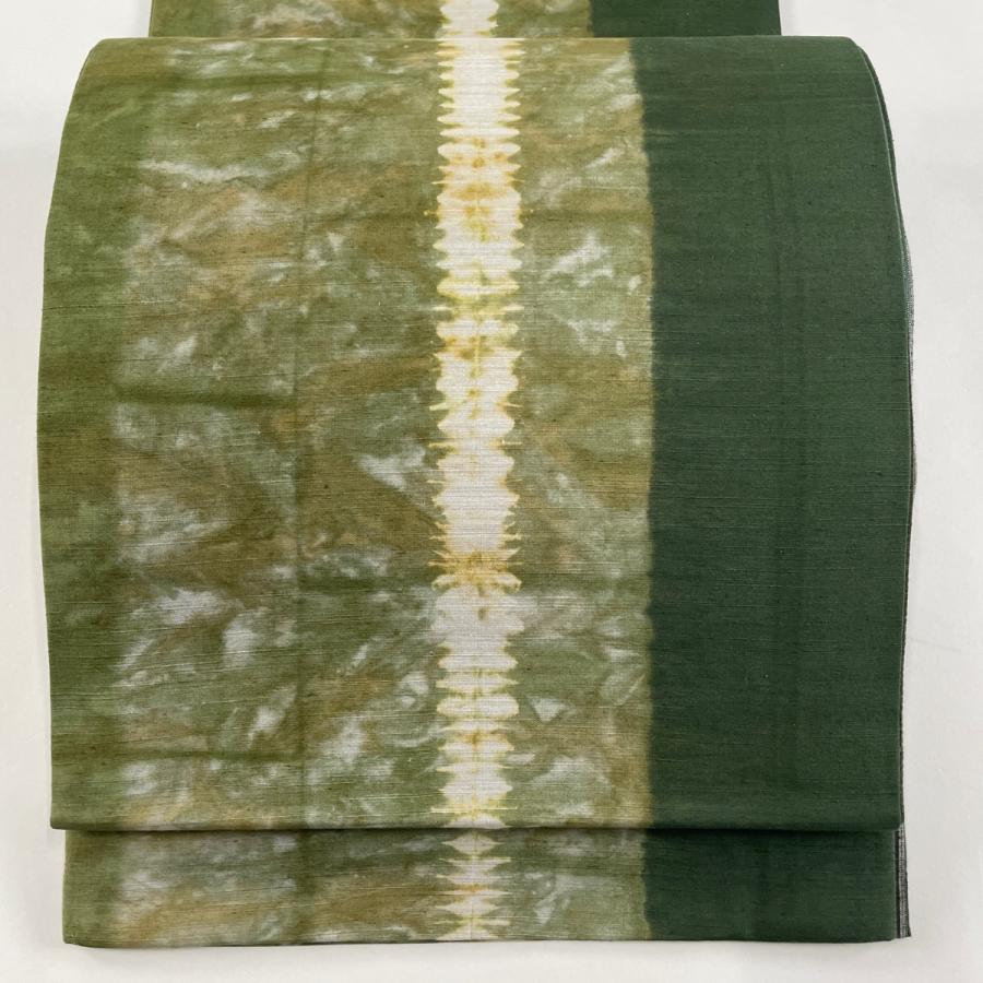 袋帯 美品 名品 紬地 幾何学模様 緑 全通 正絹 中古 : リユース  