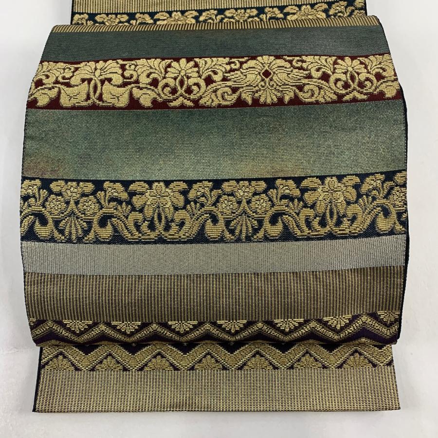 袋帯 美品 名品 花唐草 段縞 金銀糸 箔 金色 お太鼓柄 正絹 中古  