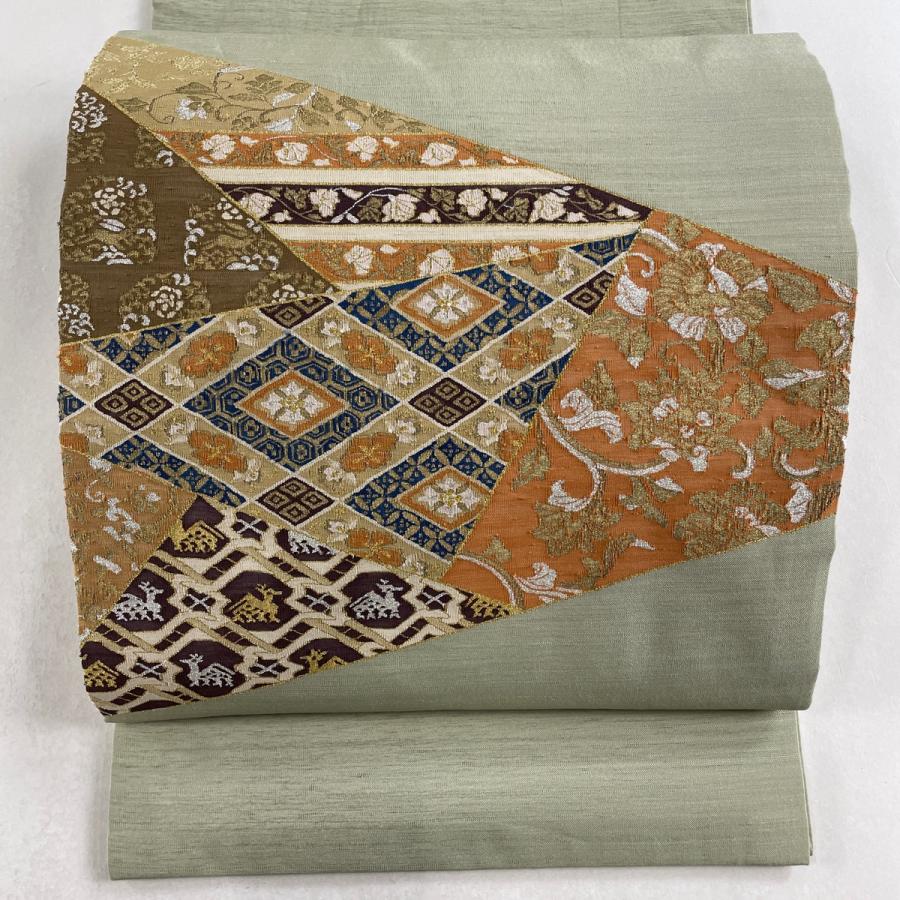 開き名古屋帯 名品 有栖川文 花唐草 金銀糸 綴れ 灰緑 正絹 中古  