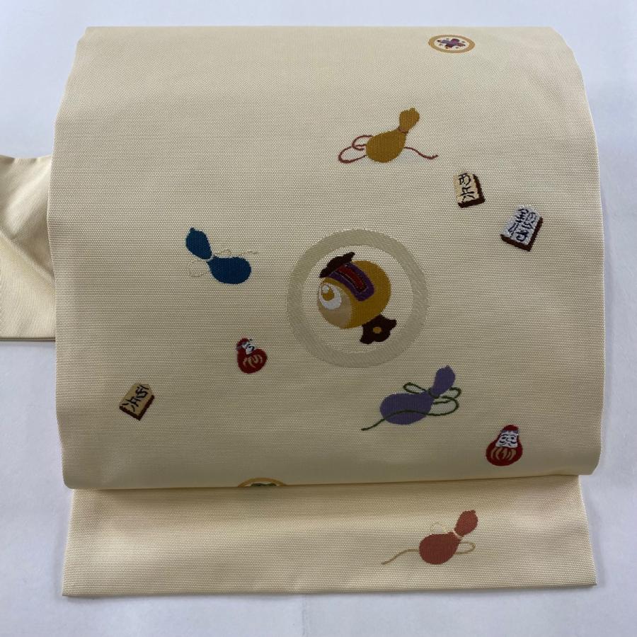 名古屋帯 美品 名品 瓢箪 打出の小槌 箔 クリーム 正絹 中古 
