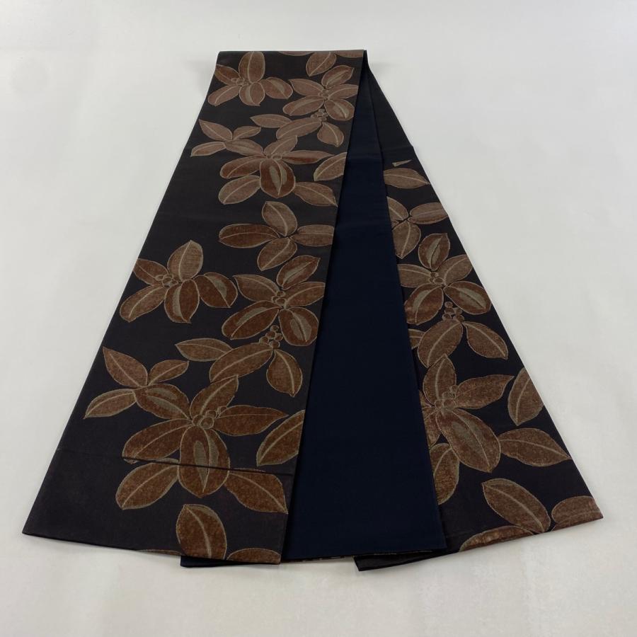 袋帯 美品 名品 落款あり 澤屋重兵衞 葉と実 箔 焦茶色 六通 正絹 中古