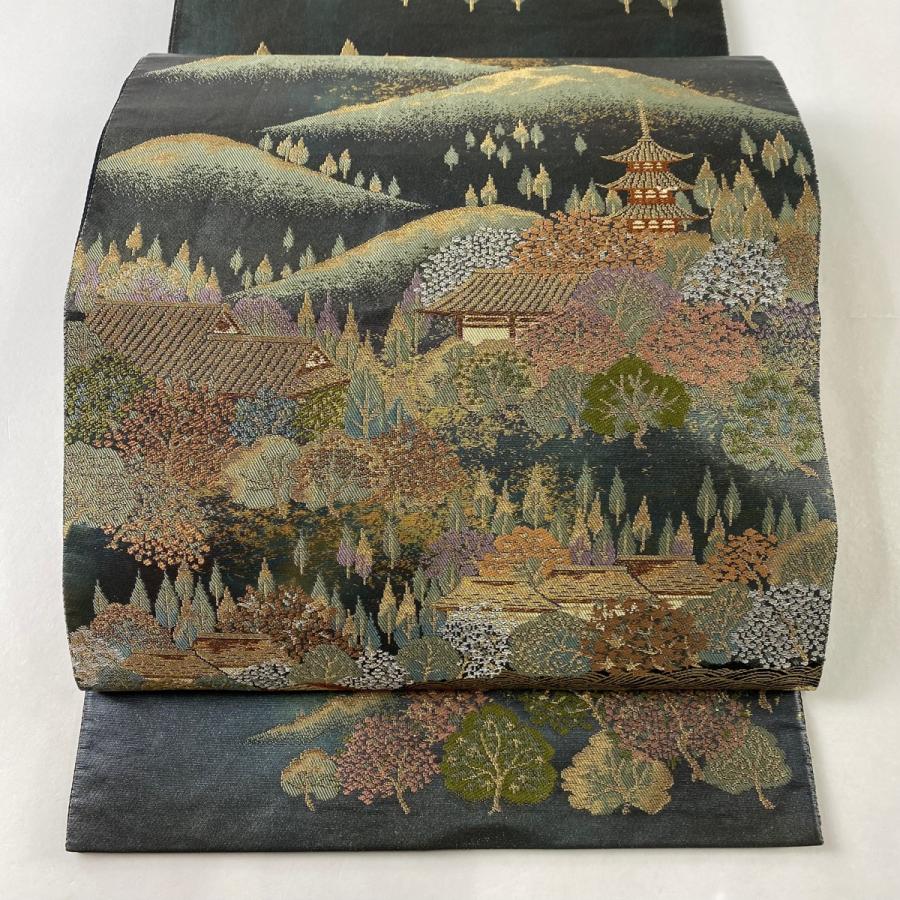 袋帯 美品 名品 服部織物 落款あり 古都風景文様 金銀糸 箔 青緑 