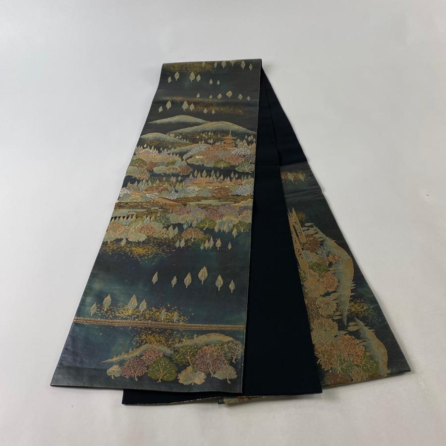 袋帯 美品 名品 服部織物 落款あり 古都風景文様 金銀糸 箔 青緑 