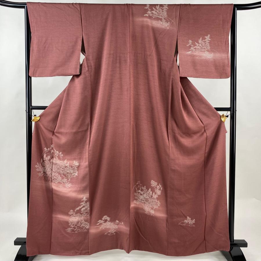 付下げ 身丈165cm 裄丈65.5cm M 袷 建物 樹木 ぼかし 赤紫 正絹 優品  