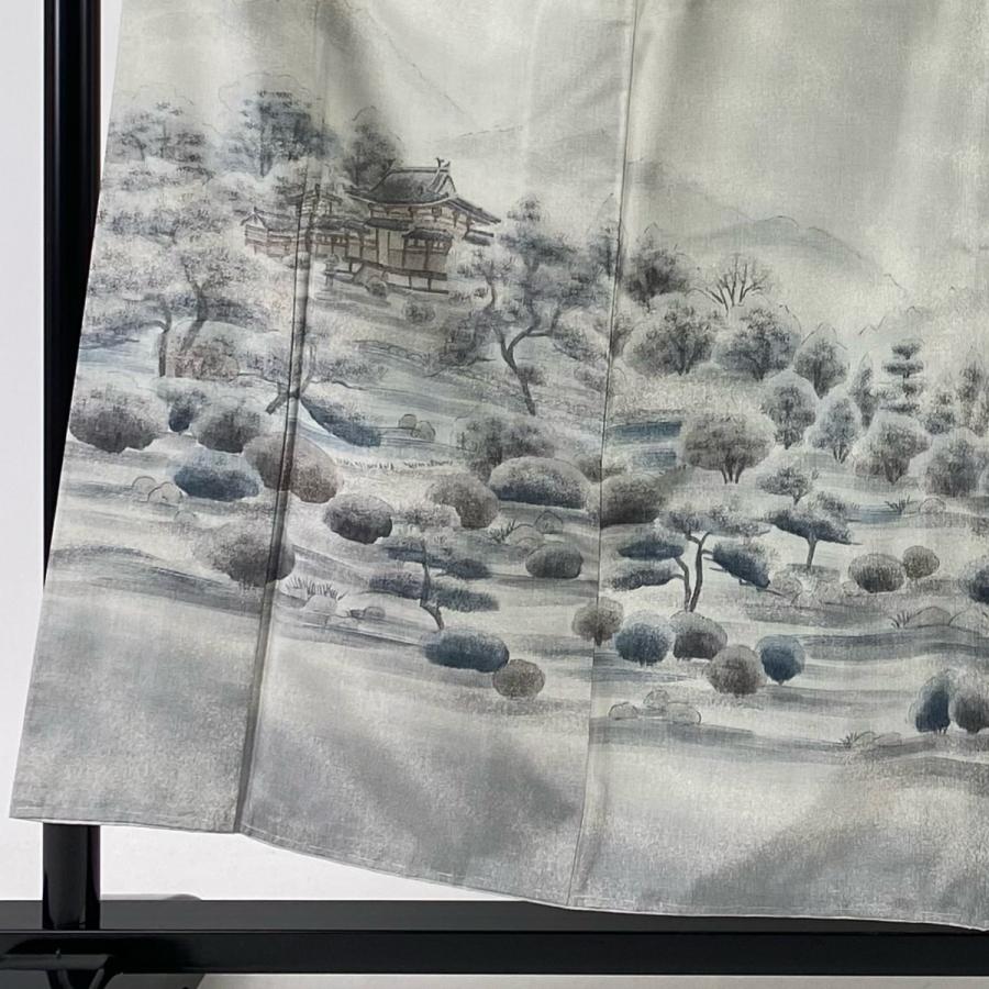 訪問着 身丈156cm 裄丈64cm M 袷 紬地 落款あり 平等院 灰白 正絹 美品  