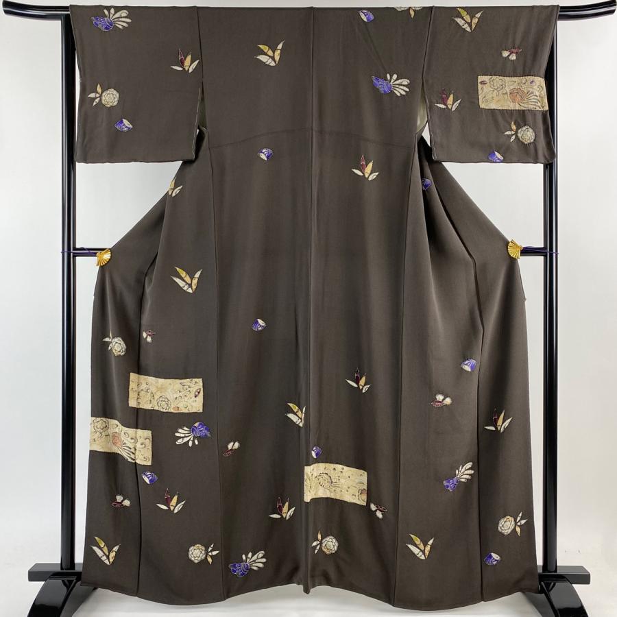 付下げ 身丈162.5cm 裄丈64.5cm M 袷 草花 貝 絞り 縮緬 焦茶色 正絹  