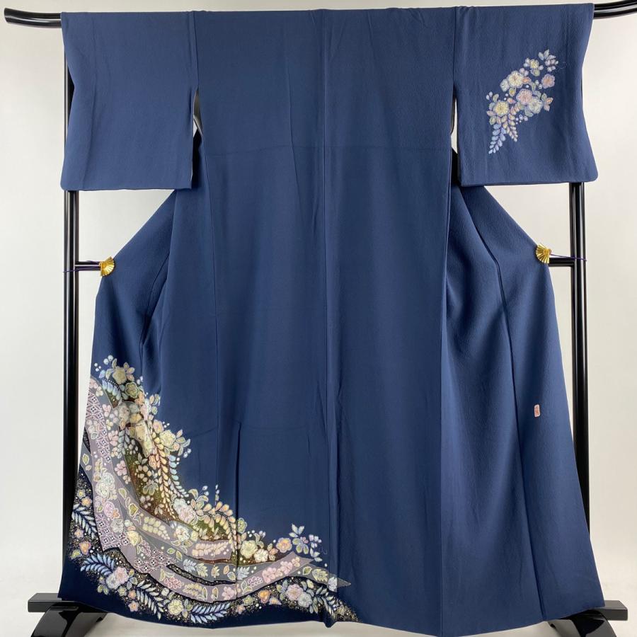 中古 訪問着 辻が花 一つ付き 絞り 正絹 かんがえれ 花柄 身丈162cm 裄