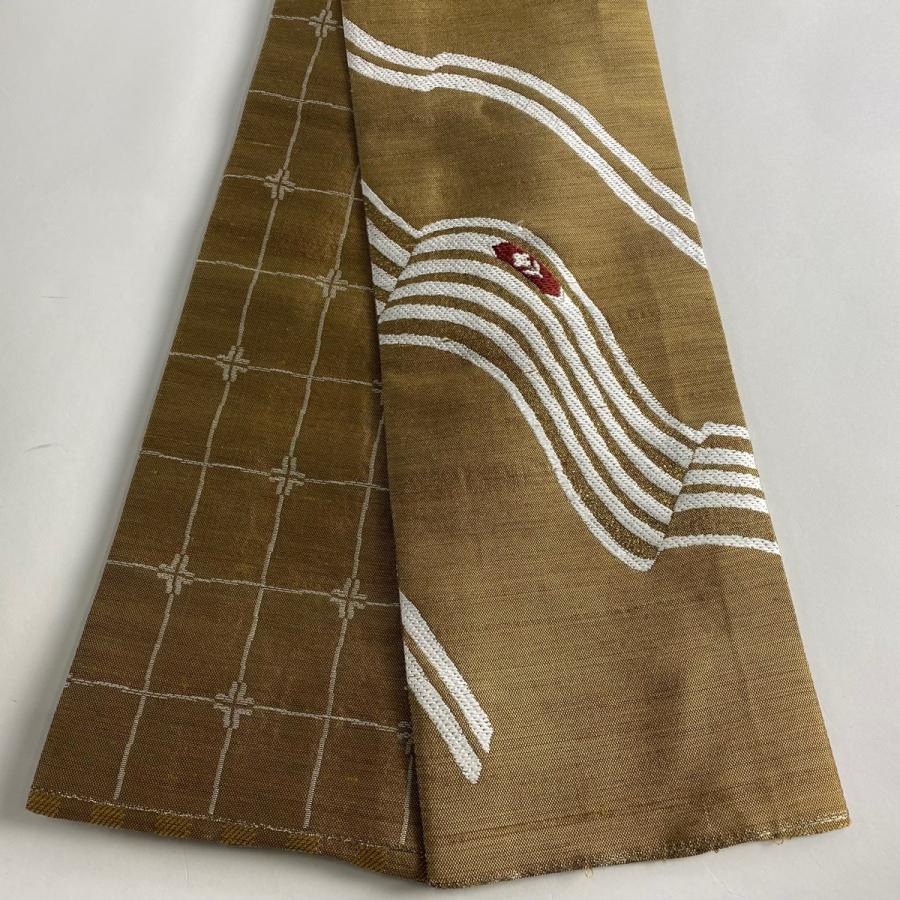 半幅帯 秀品 草花 幾何学 箔 薄茶色 正絹 中古 : リユースセレクト  