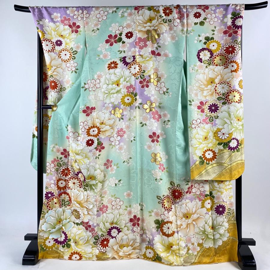 振袖 身丈171cm 裄丈73cm L 袷 菊 牡丹 金糸 箔 薄緑 正絹 名品 中古  