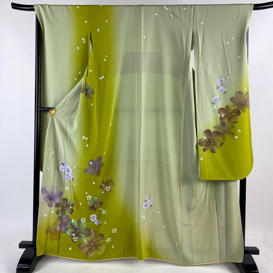 振袖 身丈164.5cm 裄丈69cm L 袷 草花 桜 銀彩 ぼかし 薄緑 正絹 名品  