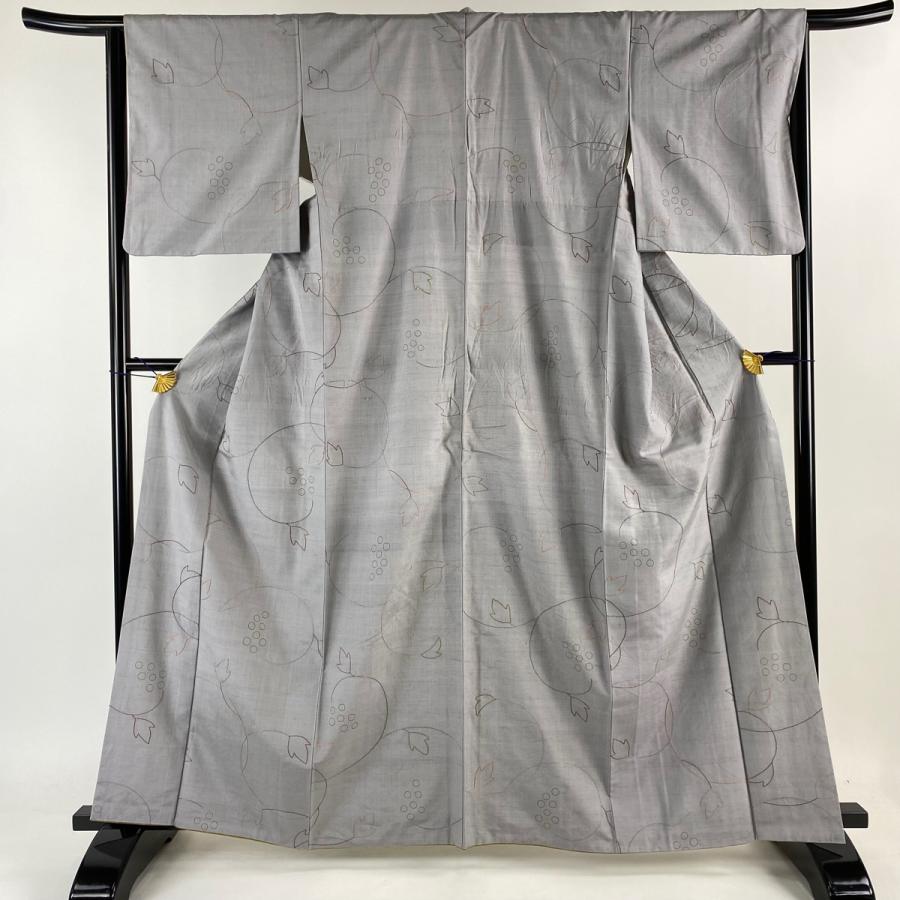小紋 身丈161cm 裄丈64cm M 袷 紬地 葉と実 刺し子刺繍 金彩 灰色 正絹  
