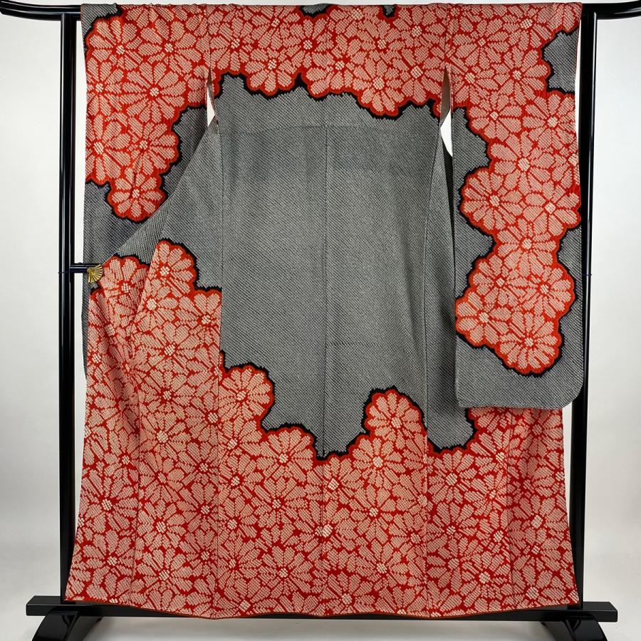 振袖 身丈157cm 裄丈62cm S 袷 菊 総絞り 朱色 正絹 名品 中古  