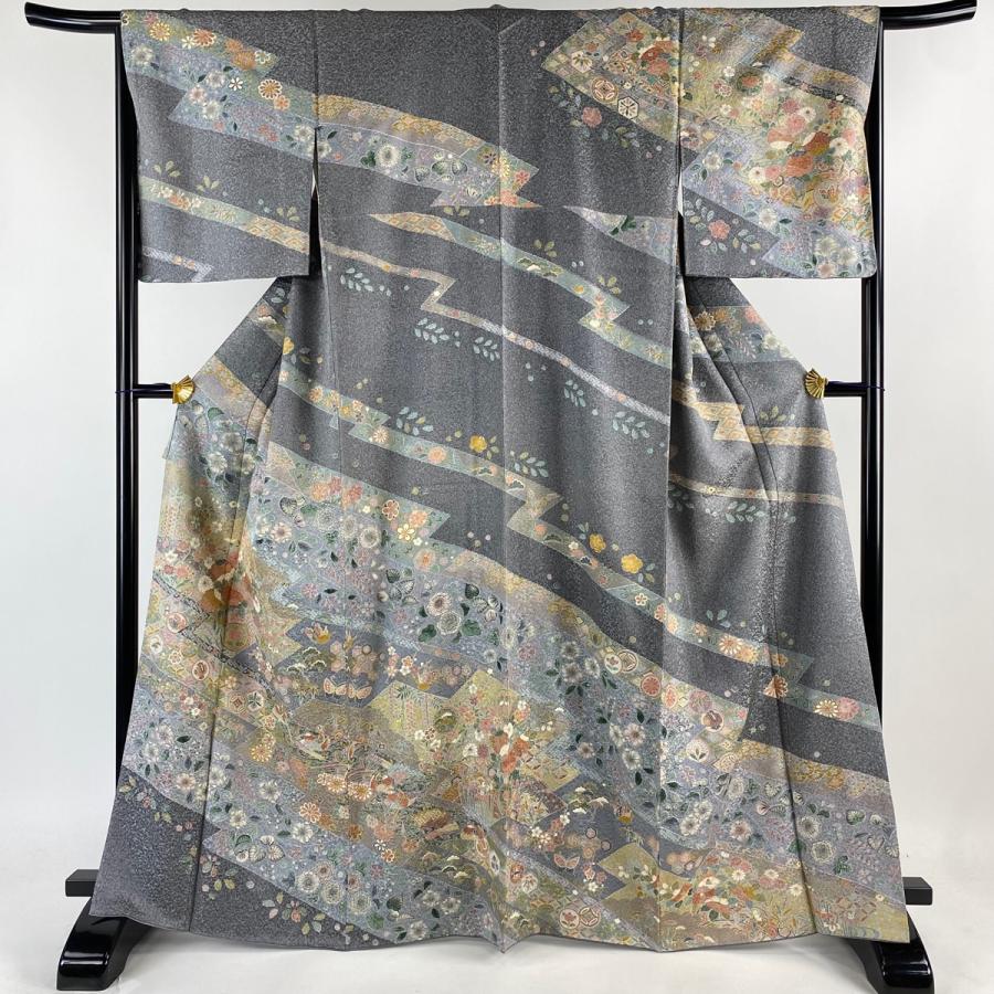 訪問着 身丈166cm 裄丈66cm M 袷 草花 有職文様 金彩 灰色 正絹 名品  