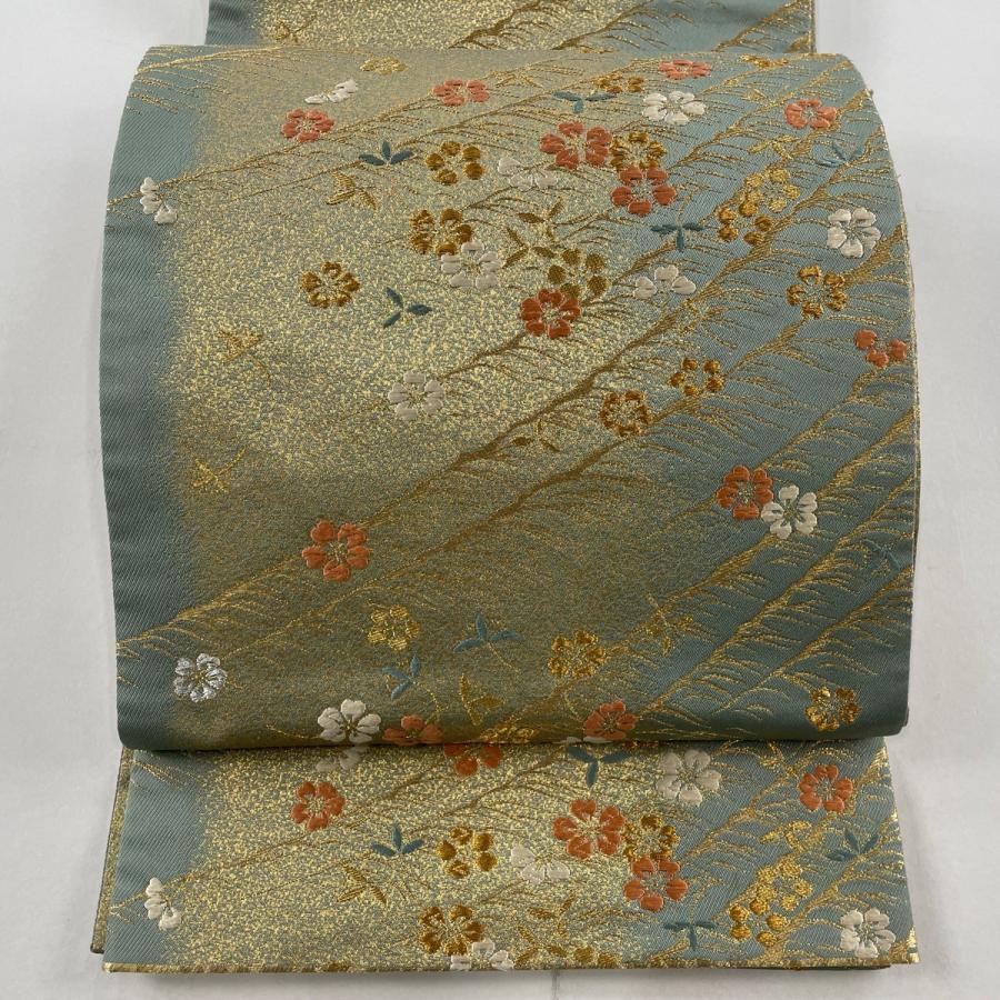袋帯 美品 名品 加納幸 落款あり 桜 波 金銀糸 唐織 灰緑 お太鼓柄  
