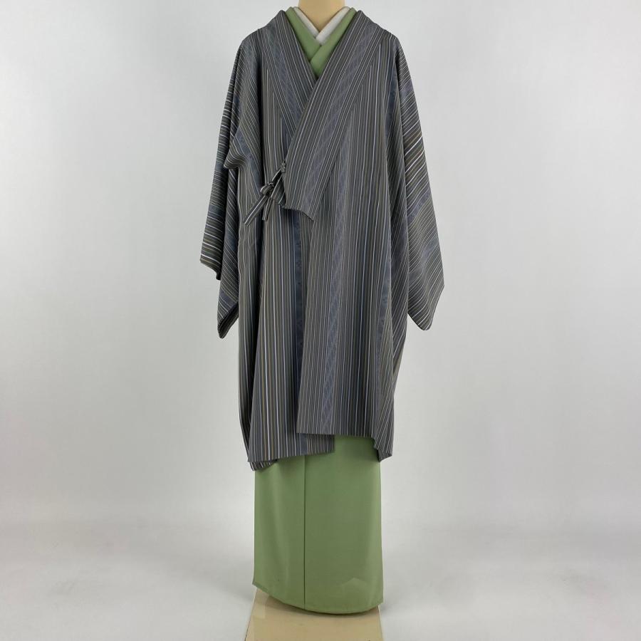 道中着 身丈102cm 裄丈64.5cm M 和装コート 着物衿 縦縞 桜 灰緑