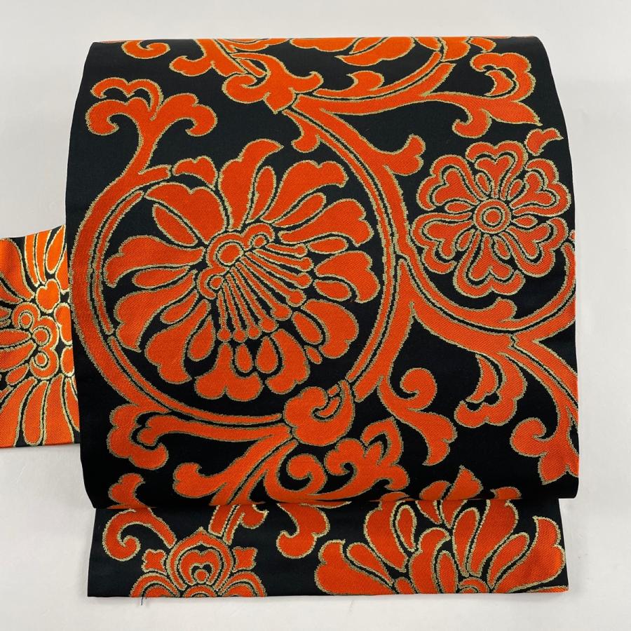 名古屋帯 逸品 川島織物 落款 草花 黒 治ら 正絹 【中古】 名古屋帯 逸品 川島織物 落款 草花 黒 治ら 正絹 【中古】