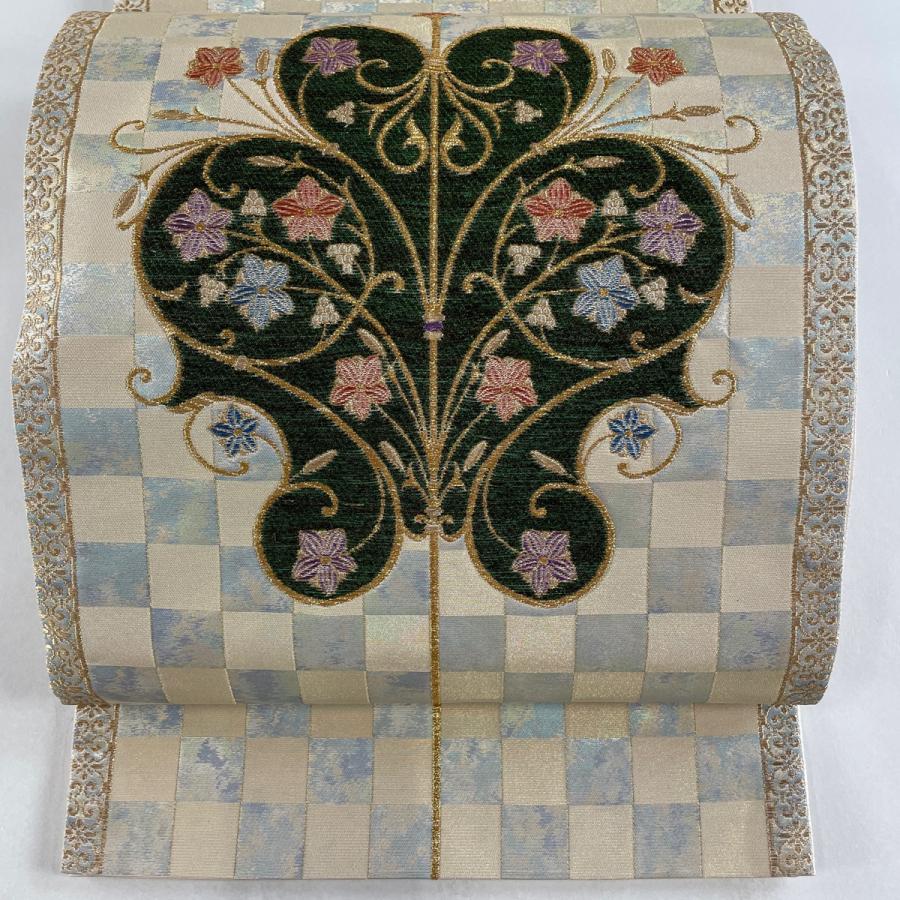 袋帯 美品 秀品 草花 市松模様 金糸 箔 ベージュ お太鼓柄 正絹 中古  
