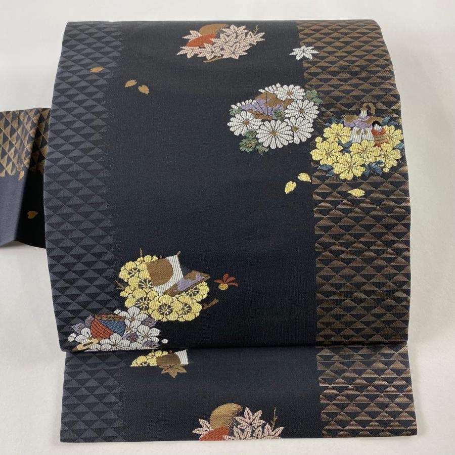 名古屋帯 美品 秀品 羽子板 梅 箔 刺繍 黒灰 正絹 中古 