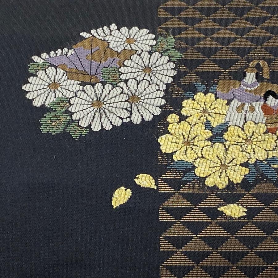 名古屋帯 美品 秀品 羽子板 梅 箔 刺繍 黒灰 正絹 中古 