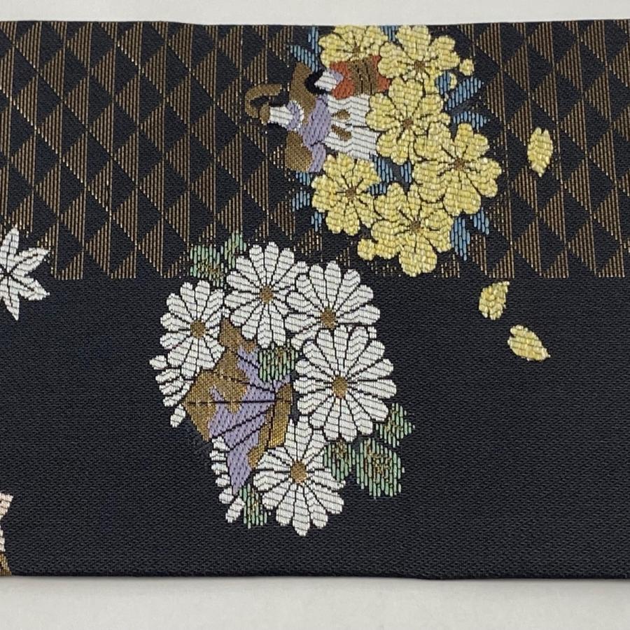 名古屋帯 美品 秀品 羽子板 梅 箔 刺繍 黒灰 正絹 中古 