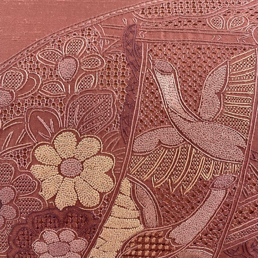 名古屋帯 美品 秀品 紬地 扇面 花鳥 汕頭刺繍 相良刺繍 赤紫 正絹 中古 