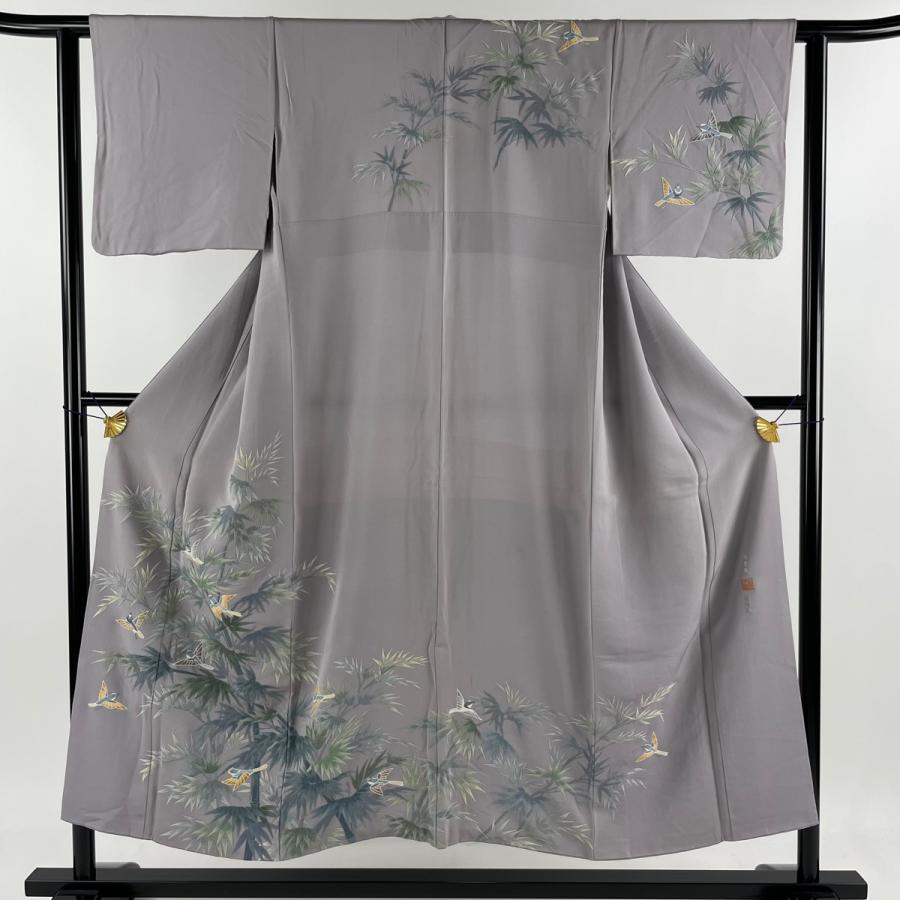 訪問着 身丈150.5cm 裄丈60.5cm S 袷 蒋雪英 落款あり 鳥 竹 相良刺繍  