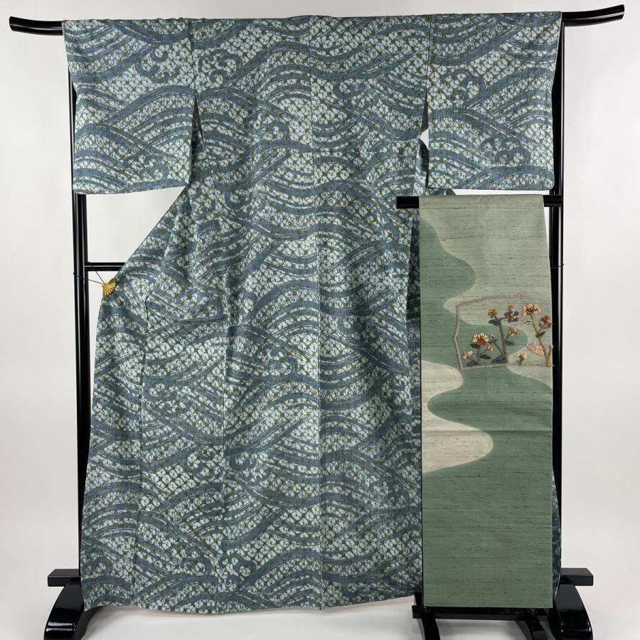 小紋 身丈167cm 裄丈67cm M 袷 名古屋帯セット 紬地 波頭 幾何学模様  