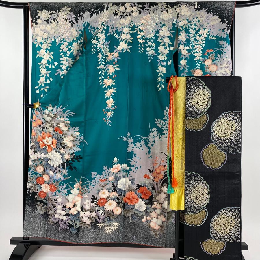 振袖 身丈158cm 裄丈66cm M 袷 蝶 草花 金糸 金銀彩 濃ピンク 正絹  