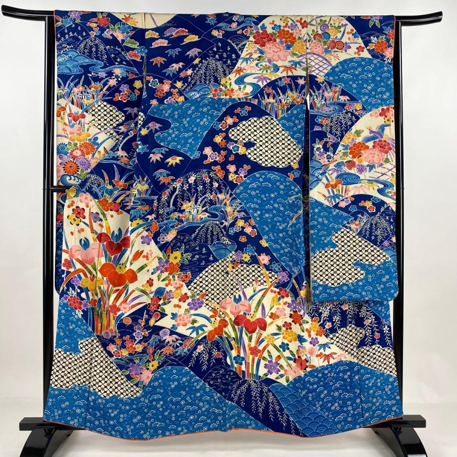 振袖 身丈157.5cm 裄丈63cm S 袷 草花 花菱 縮緬 青 正絹 名品 中古  