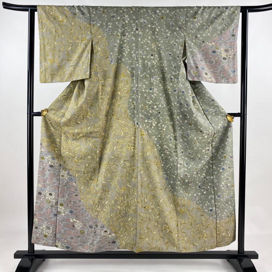 訪問着 身丈155.5cm 裄丈62cm S 袷 紬地 鳥 菊 金彩 灰色 正絹 名品  