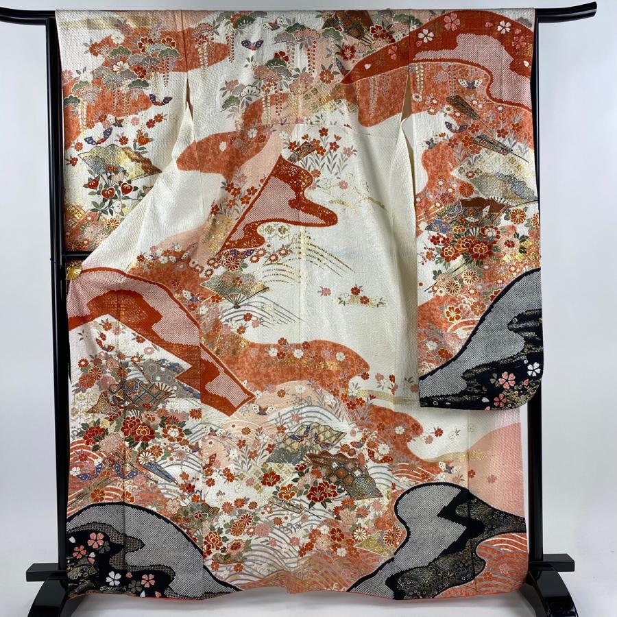 振袖 身丈166cm 裄丈66cm M 袷 花 蝶 金銀彩 染分け 灰白 正絹 名品  