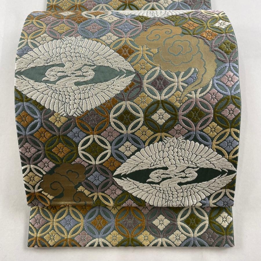 ブランド登録なし 袋帯 名品 向かい鳥 七宝 能衣唐織 箔 緑 六通 正絹  