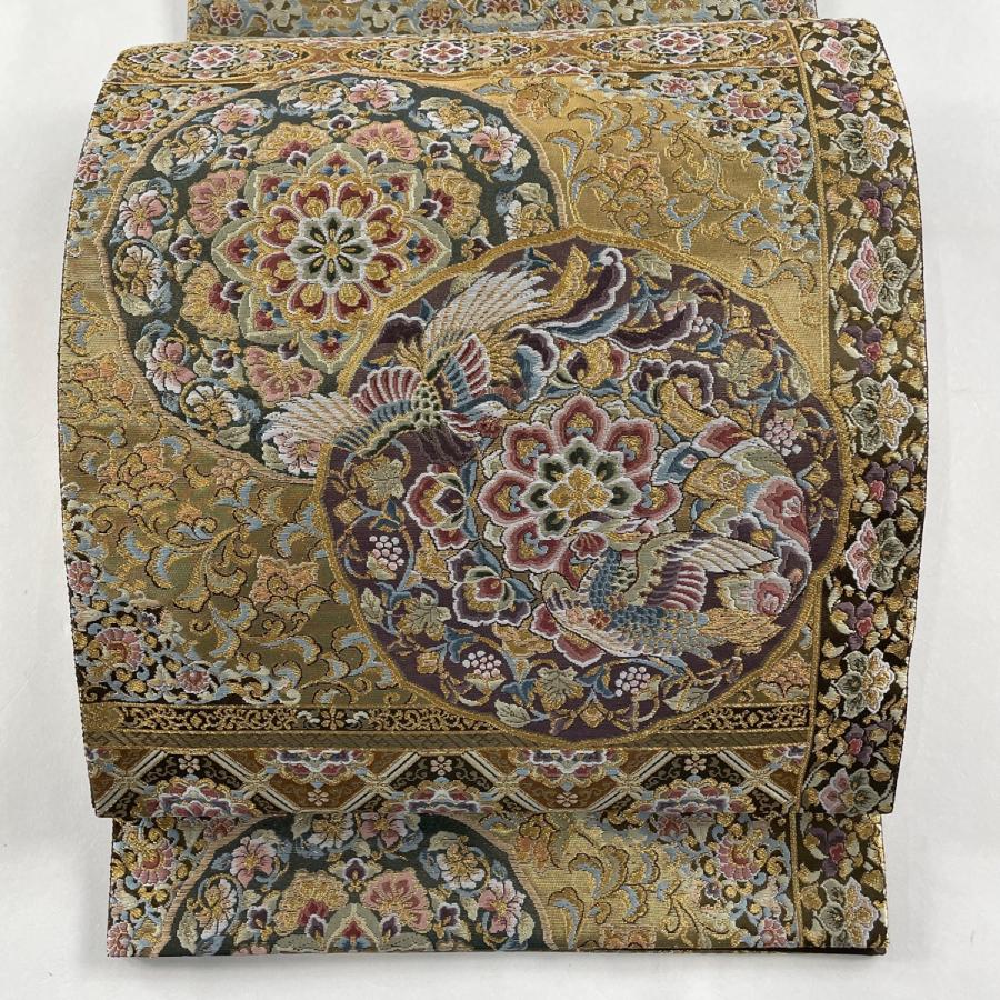 袋帯 美品 名品 名宝の美 華文 花鳥 金糸 箔 金色 六通 正絹 中古 