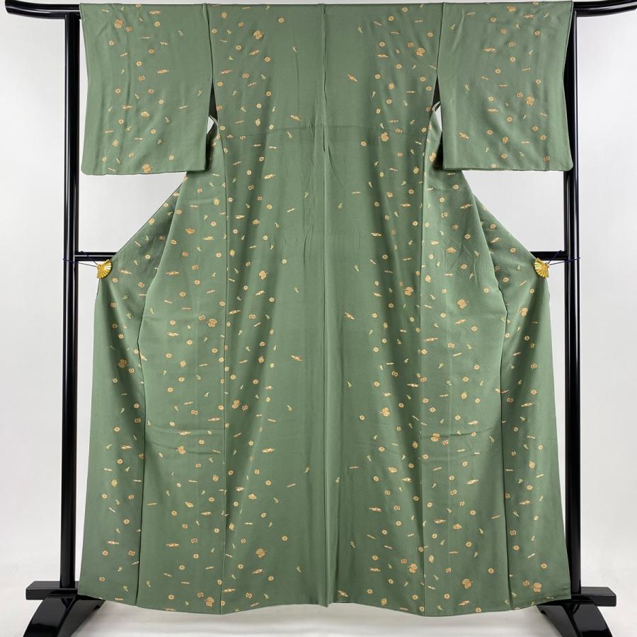 小紋 身丈161cm 裄丈64cm M 袷 宝尽くし 刺繍 緑 正絹 美品 名品 中古  