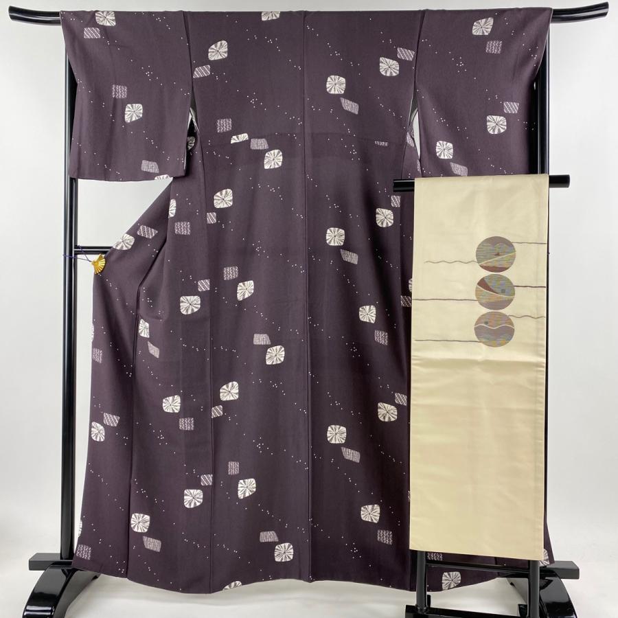 小紋 身丈162.5cm 裄丈66.5cm M 袷 幾何学模様 茜色 化繊 美品