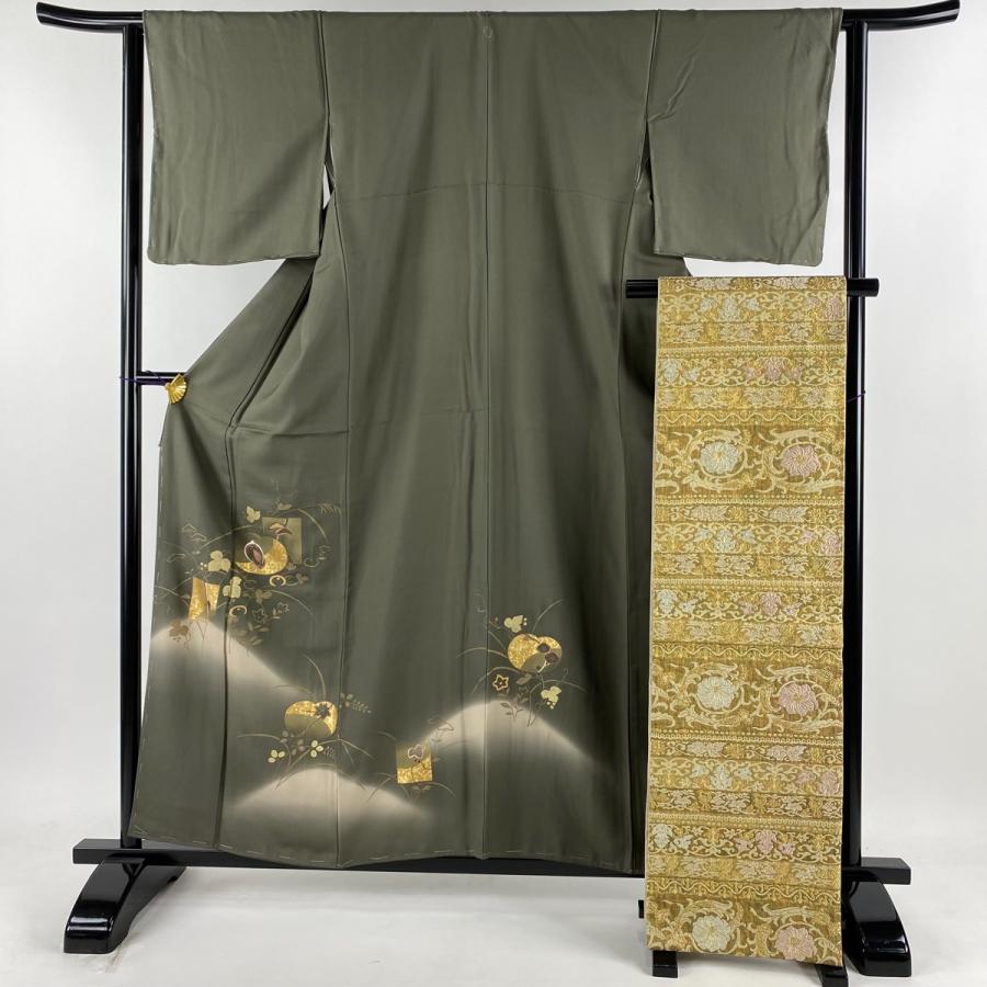 訪問着 身丈158cm 裄丈63cm S 袷 袋帯セット 鶴 松竹 刺繍 金彩 茶緑色  