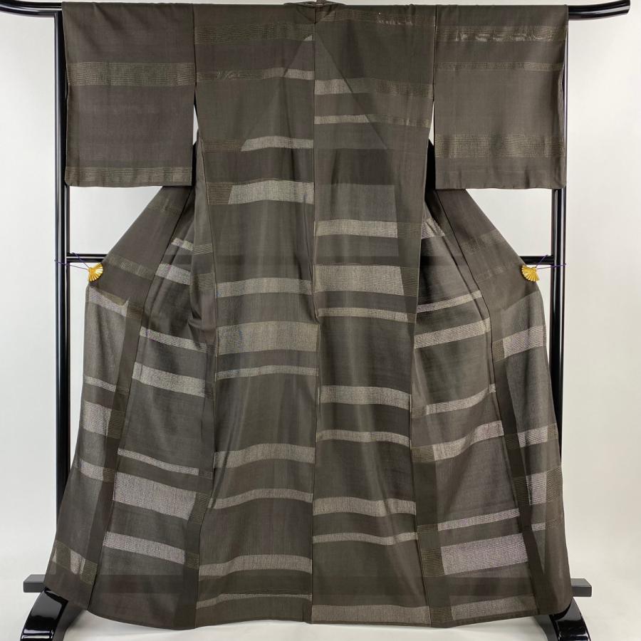 紬 身丈165cm 裄丈65.5cm M 薄物 藤山千春 段縞 模紗織 焦茶色 正絹  