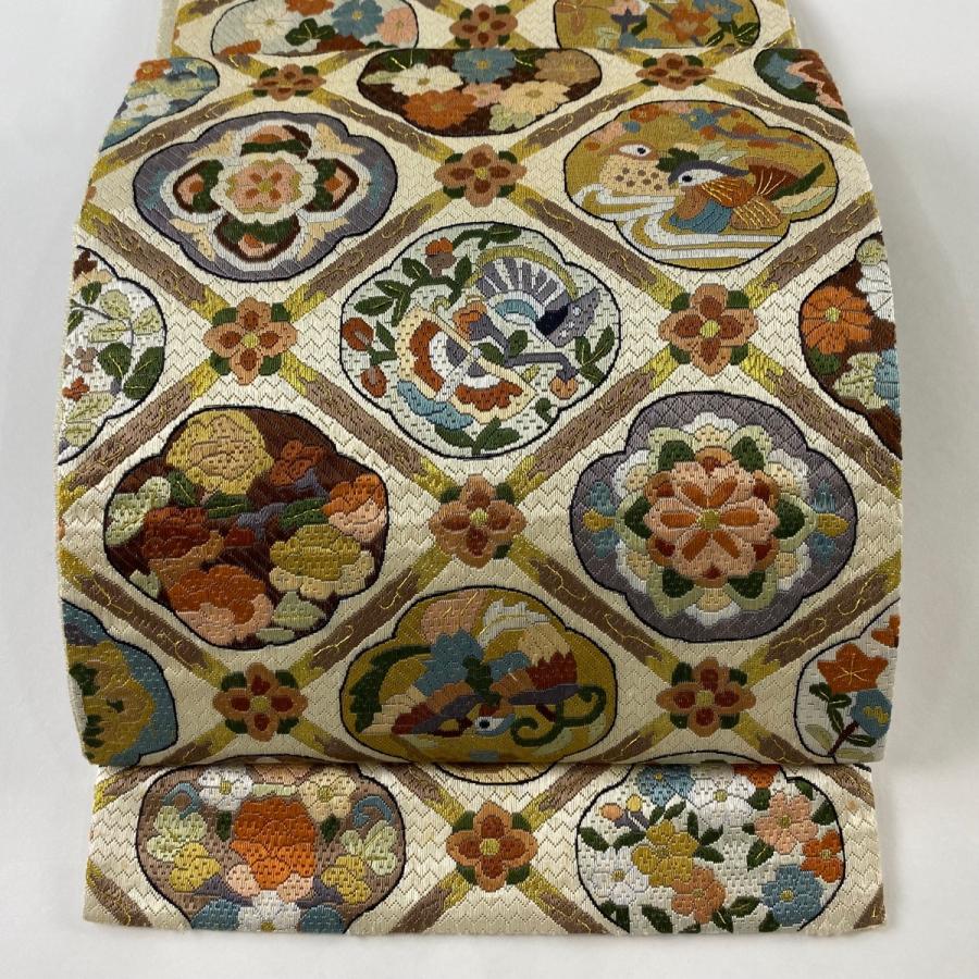 袋帯 逸品 格天井 花鳥 金糸 絽刺し クリーム 全通 正絹 中古  