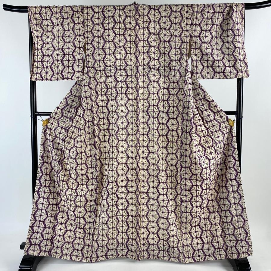 小紋 着物 未使用 単衣 格子模様 薄茶色 多色 身丈166.5cm 裄 